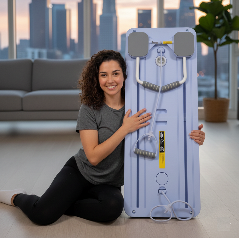 Compact foldable pilates board stored under bed — space-saving home gym