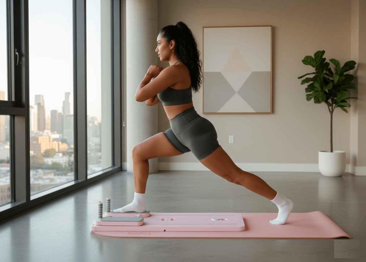 Woman performing a pilates pose on a pilates board in a modern living room with large windows.