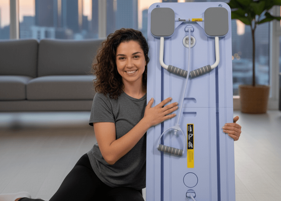 Woman holding pilates board